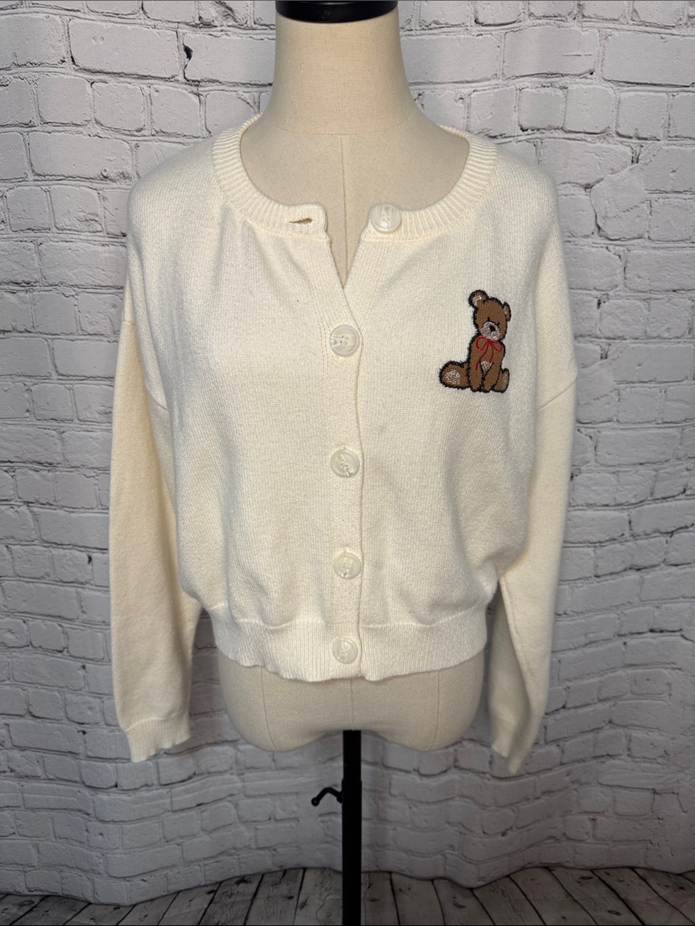 Love Essentials Cream Teddy Bear Cardigan Sweater S Small